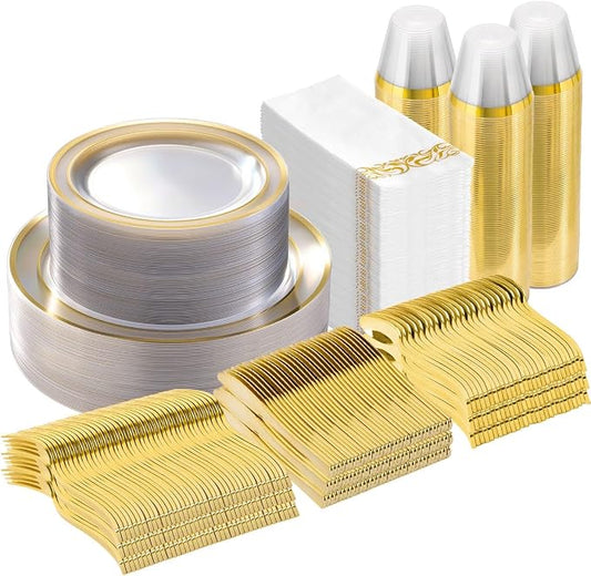 Goodluck 350 Pieces Clear Gold Disposable Dinnerware Set for 50 Guests | Heavy Duty Plastic Plates Include: 100 Gold Rim Dinner Plates, 50 Paper Napkins, 50 Cups, 50 Plastic Silverware Set by GoodLuck