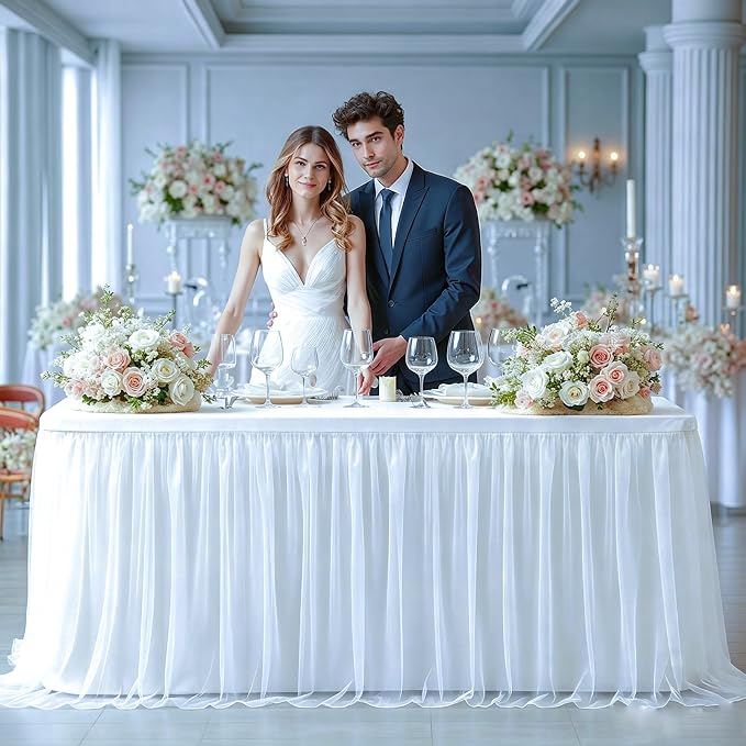 2 Pack White Tablecloth for 6 Foot Rectangle Tables with Tulle Table Skirt | Stretch Spandex Fitted Table Cover,One-Piece Design,Non-slip Elastic Wedding Table Cloths for Party Baby Shower Cake Display - Image 4