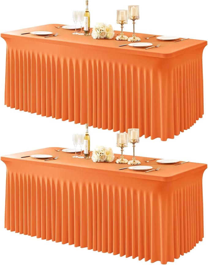 2 Packs Orange Table Clothes for 4 Foot Rectangle Tables, One-Piece Wrinkle Resistant Stretch Spandex Table Covers with Skirt for Event Banquet Wedding Birthday Party by PartyTalk