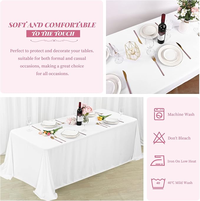 Showgeous 4 Pack White Polyester 90x132 Inch Tablecloths | Soft polyester, wrinkle resistant, fade resistant, smooth finish, fine stitching, folded hems, reusable, machine washable - Image 5