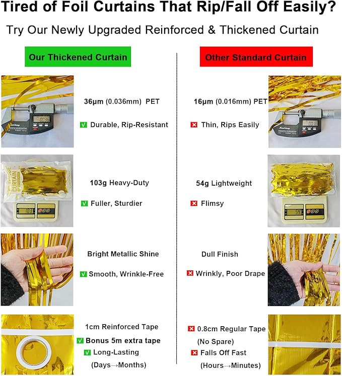 4 Pack Thickened Gold Metallic Foil Fringe Curtains Streamer Rip Resistant Shimmer Tinsel Photo Booth Backdrop for Birthday Wedding Christmas Bachelorette Party Decorations 3.28ft x 6.56ft