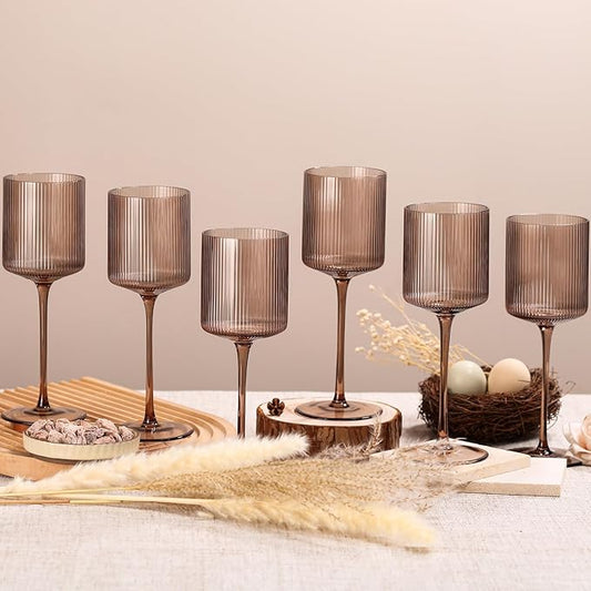 Smokey Gray Square Wine Glasses Set of 6, Elegant Ribbed Design Colored Crystal Glassware with Long Stem, 11.5oz Hand Blown Stemware For Red & White Wine Home Bar Party