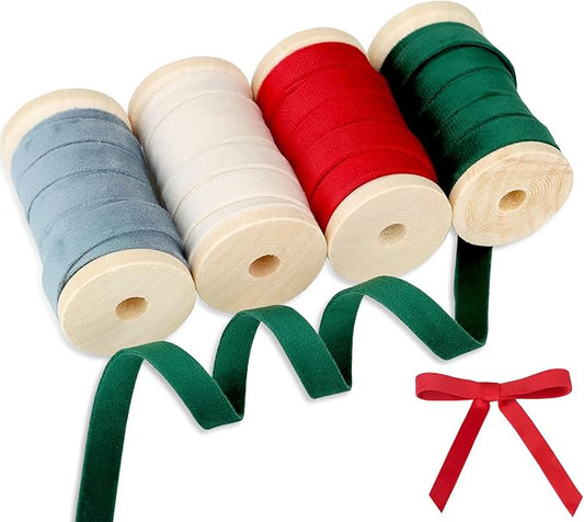 Velvet Ribbon Set - 3/8" x 20Yd, 4 Rolls in 4 Colors, Double Faced on Wooden Spool for Gift Wrapping, Christmas Decoration, Wreaths, Bow Making (Red-Green-Dusty Blue-Ivory) Febwind