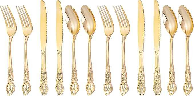 300Pieces Gold Plastic Silverware - Heavy Duty Gold Disposable Utensils - Vintage Plastic Cutlery Set Includes 100 Forks, 100 Spoons, 100 Knives for Dinner Parties Weddings (Pack of 2)