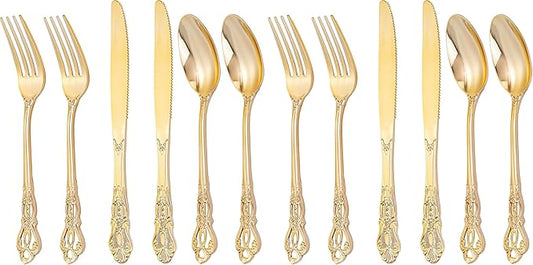 300Pieces Gold Plastic Silverware - Heavy Duty Gold Disposable Utensils - Vintage Plastic Cutlery Set Includes 100 Forks, 100 Spoons, 100 Knives for Dinner Parties Weddings (Pack of 2)