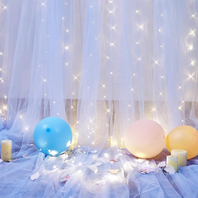 Baby Blue Sheer Tulle Backdrop Curtains with Lights String for Parties Baby Shower Decorations for Boy Bridal Shower Birthday Party Photo Shoot Background Wall Decorations 10×8ft(2 Panels 5×8ft) - Image 6