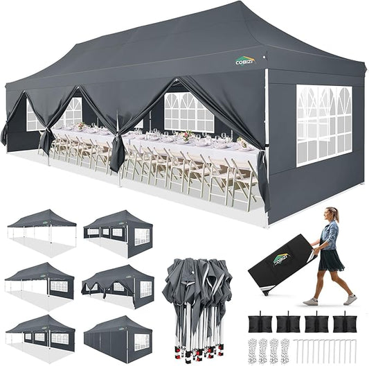 COBIZI 10x30 Pop up Canopy with Roller Bag & 8 Removable Sidewalls, Canopy Tent for Parties, Wedding, and Commercials, Waterproof and Instant Shelter UV50+ Outdoor Gazebo with 4 Sandbags(Gray)