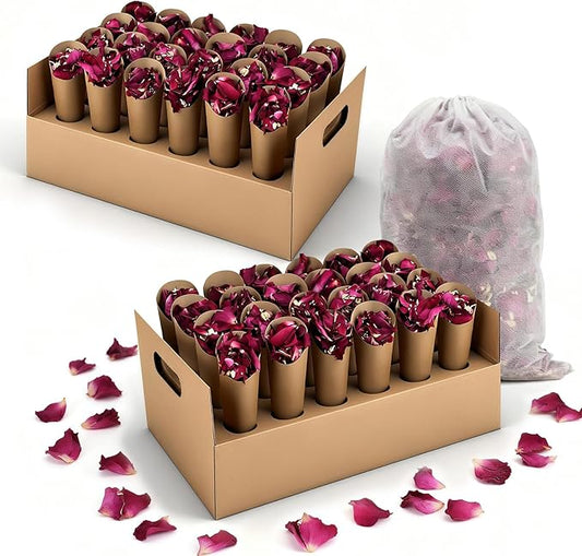 Wedding Confetti Cone Stand Box with Dried Rose Flowers(6 Litres), Includes 2 Biodegradable Cardboard Party Confetti Cone Holder of 24 Holes Each with 48 Cone Papers, Confetti Gift Box for Decoration