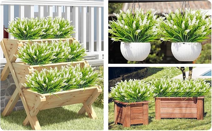 obbsie 12 Bundles Artificial Plants Outdoor, 18.2" UV Resistant Faux Monkey Grass Greenery Stems No Fade Faux Plastic Flowers Shrubs for Home Weddings Garden Porch Front Patio Office Decor- White - Image 5