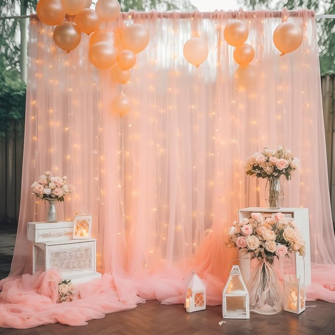 10ft x 8ft Peach Backdrop Curtain with Lights String for Parties, Sheer Tulle Wedding Photo Backdrops Drapes for Baby Shower Birthday Party Decorations Background for Photography by Shillance