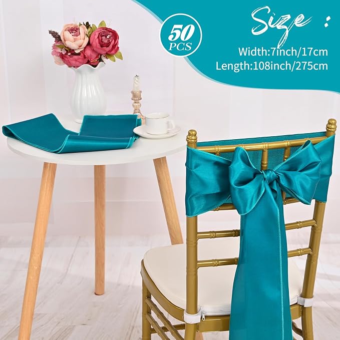 Showgeous 50 Pack Turquoise Satin Chair Sashes Bows,7x108 Inches | Silky satin finish, secure stitching, overlocked edges, flexible tie styling, reusable, machine washable - Image 2