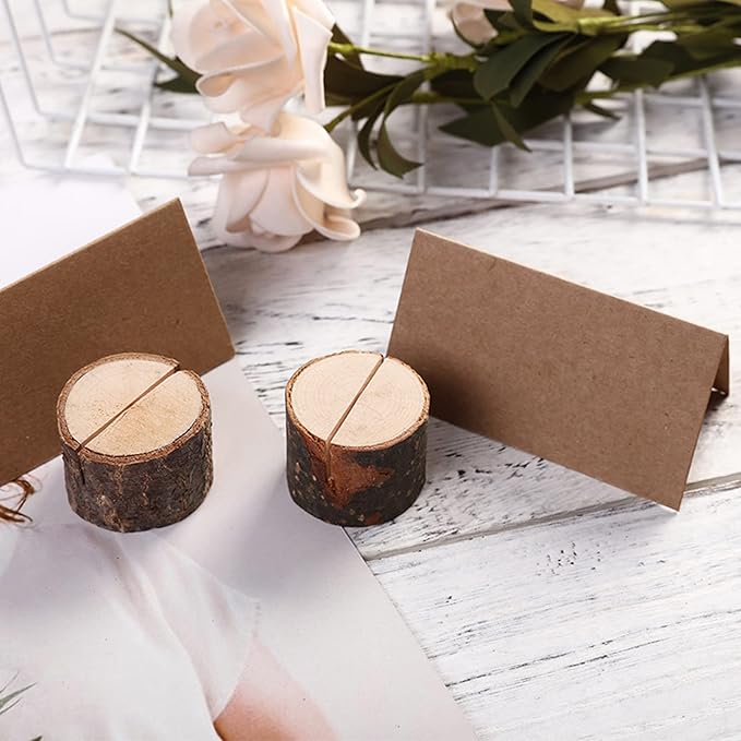 Tosnail 50 Pieces Wooden Place Card Holders with 50 Kraft Paper Cards, Rustic Wood Table Number Stands, Photo Holder for Wedding Party Decoration, Photo Display