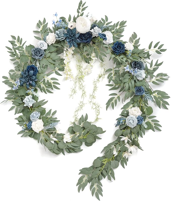 Ling's moment Dusty Blue Artificial Flower Garland Wedding Arch 9 FT | White Rose & Eucalyptus , Greenery, Sweetheart Table Decor, Floral Garland for Mantle, Centerpieces, Backdrop by LingsMoment