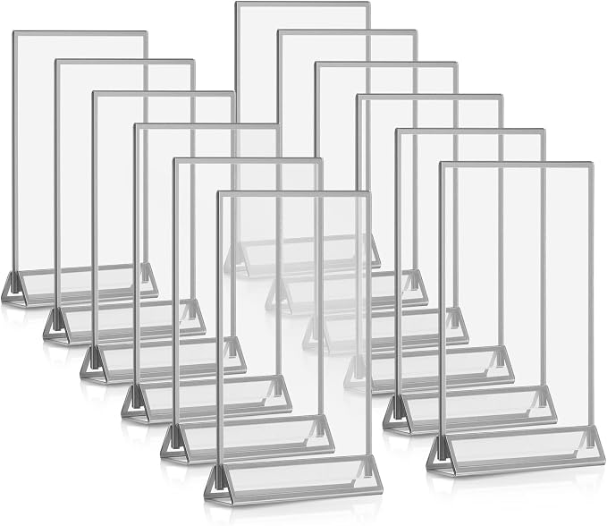 Blulu 12 Pack Acrylic Sign Holder Double Sided Picture Frame Wedding Table Number Stands with Border and Vertical Clear Display Menu Holders for Wedding Party Restaurant(5 x 7 Inch,Silver) by Blulu