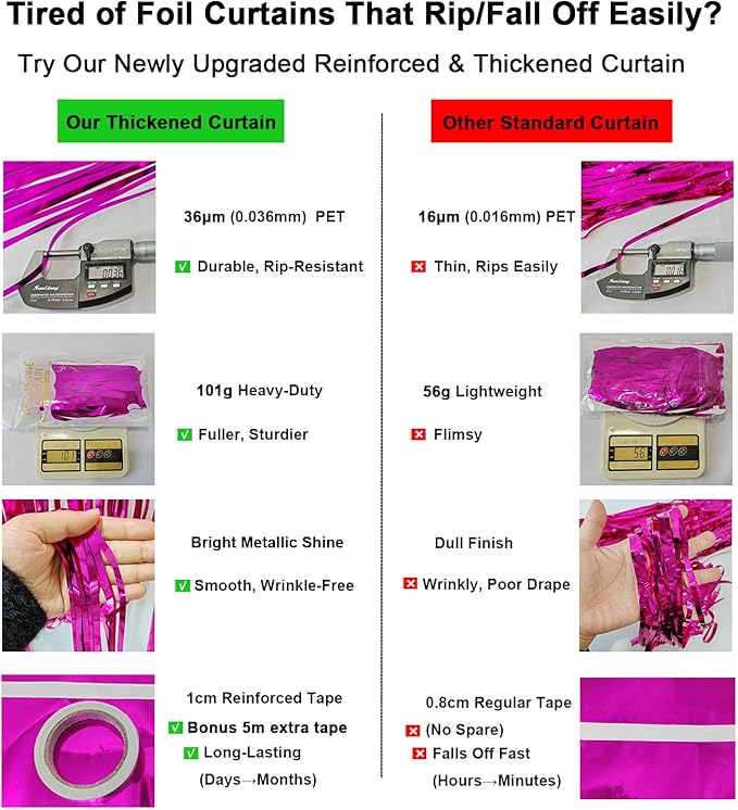 4 Pack Thickened Hot Pink Metallic Foil Fringe Curtains Streamer Rip Resistant Shimmer Tinsel Photo Booth Backdrop for Birthday Wedding Christmas Bachelorette Party Decorations 3.28ft x 6.56ft