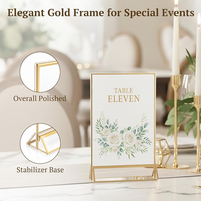 EHWINE 6 Pack Acrylic Sign Holder 4 x 6, Double Sided Gold Picture Frame Stand up Table Top Sign Holders, Clear Display Stand Menu Flyer Holder for Wedding Party - Image 7