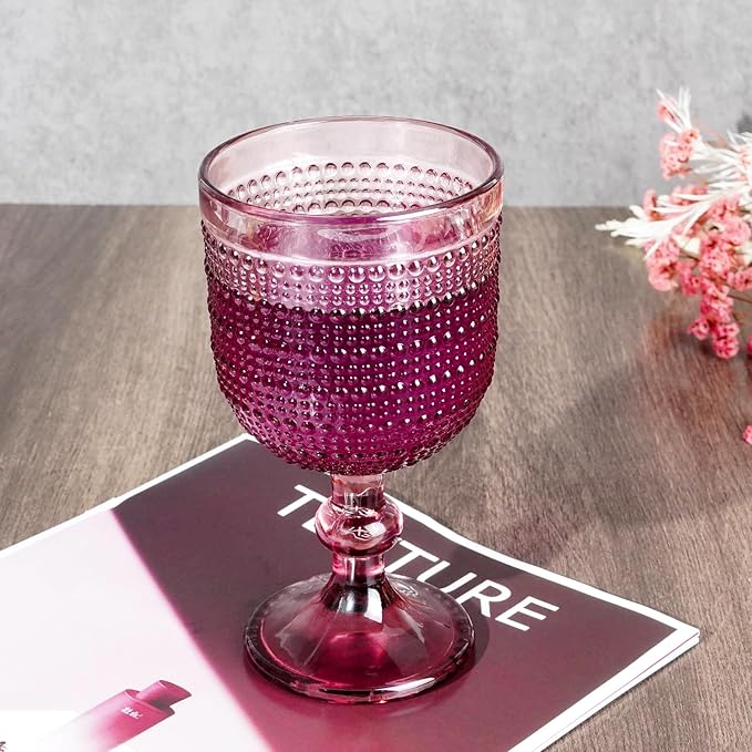12 oz Purple Vintage Wine Glasses,Hobnail Drinking Glasses Set of 4,Embossed Goblet Glasses for Wedding,Party, Dinner,Bar