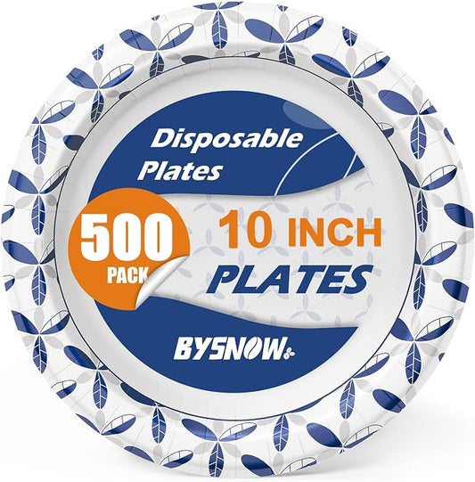 BYSNOW 500 Pack 10 inch Heavy Duty Paper Plates Disposable | Thickened Bulk Plates, Leak And Soak Proof For Dinner, Party, Birthday, Picnic, Banquets, Catering Events, Barbecues by BYSNOW