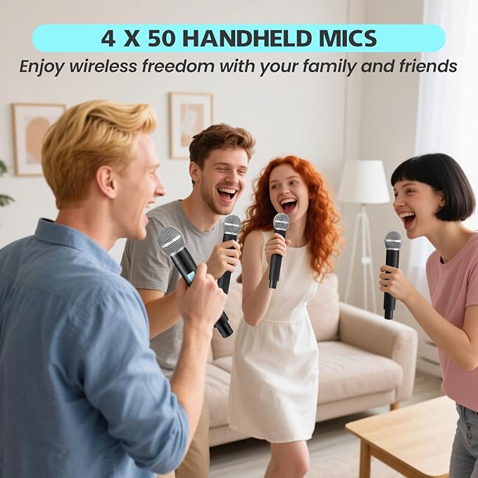 Wireless Microphone System, 4x50 Channels Cordless Handheld Microphones, 200FT UHF Range, Mics with Stable Signal Transmission for Karaoke Singing Party Church Wedding PA Speaker