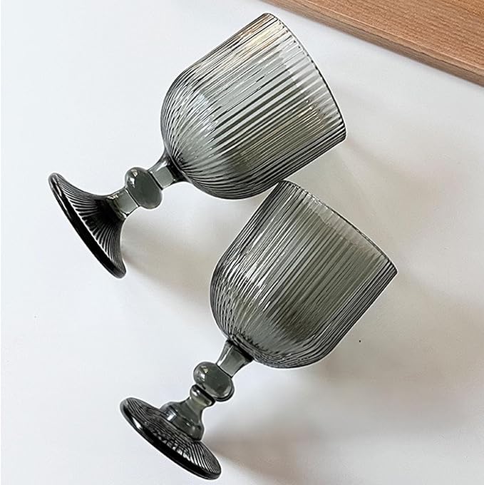 Water Goblets set of 6 Vintage Glassware 13 oz Colored Wine Glass Drinking Glass Vertical Line Embossed Pattern Stemmed Cups for Wedding Party Bar Grey