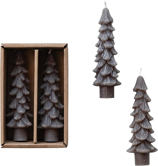 Creative Co-Op Unscented Textured Tree Shaped Taper Candles in Box, Pewter Color, Set of 2