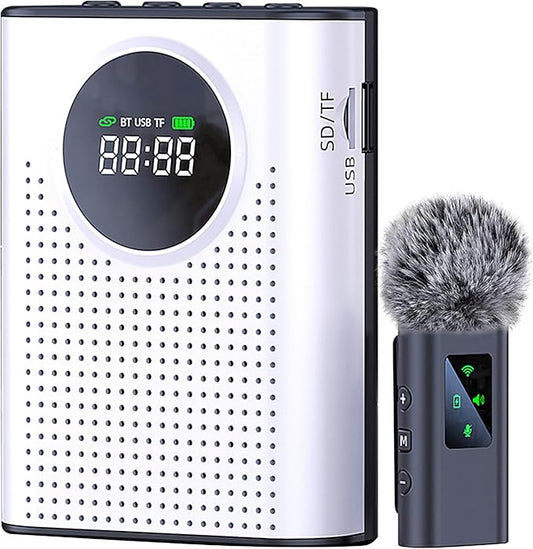 S67 Voice Amplifier Wireless Microphone for Teachers Classroom Rechargeable, Mini Lavalier Lapel Mic, Portable Speaker PA System with LED Display for Class, Tour Guide, Coaches, White