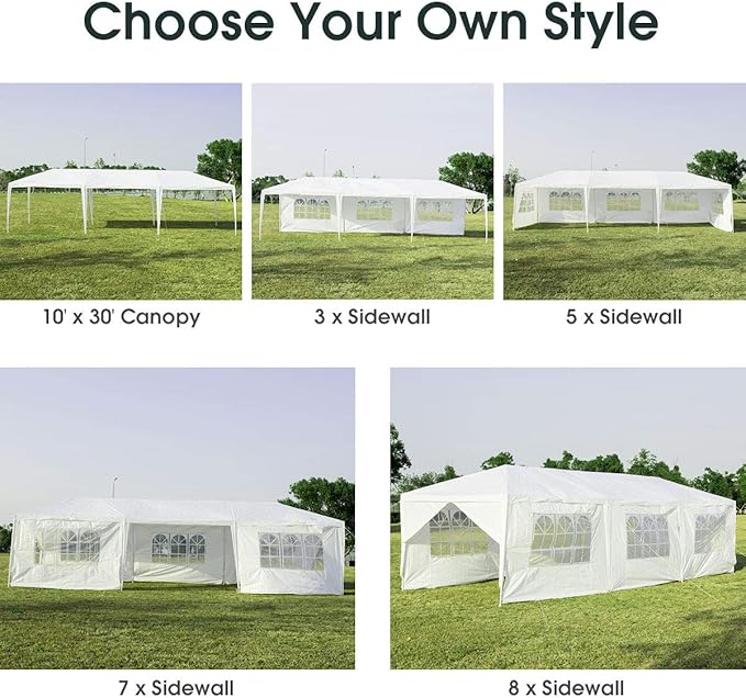 Tangkula 10' x 30' Outdoor Waterproof Gazebo Canopy w/ 6 Removable Sidewalls and 2 Doorways, Heavy Duty Large Tent w/Strong Connection Stakes Ropes for Party Wedding Events Beach BBQ (White)