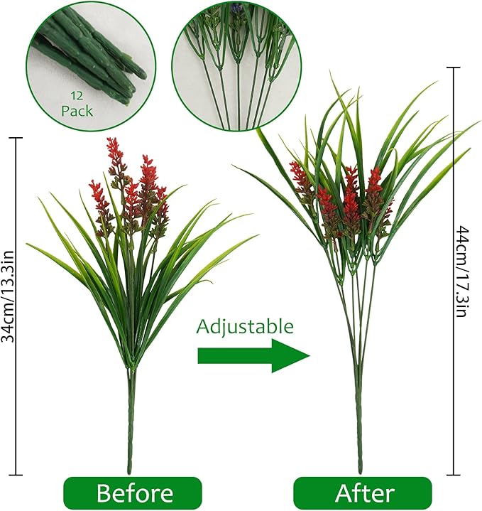 obbsie 12 Bundles Artificial Plants Outdoor, 18.2" UV Resistant Faux Monkey Grass Greenery Stems No Fade Faux Plastic Flowers Shrubs for Home Weddings Garden Porch Front Patio Office Decor - Red - Image 4
