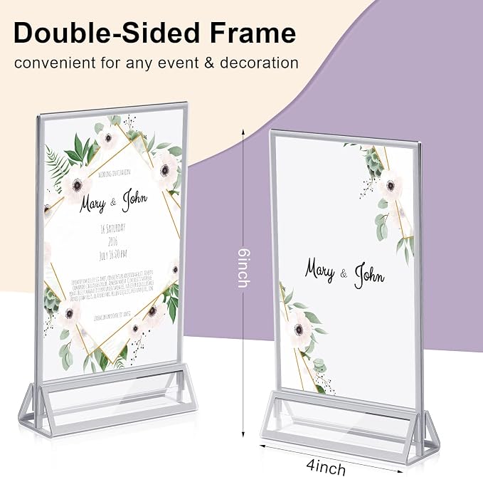 24 Pieces 4 x 6 Clear Acrylic Sign Holder with Silver Borders and Vertical Stand, Double Sided Table Menu Holders Picture Frames for Wedding Table Numbers, Restaurant Signs, Photos and Art Display - Image 3