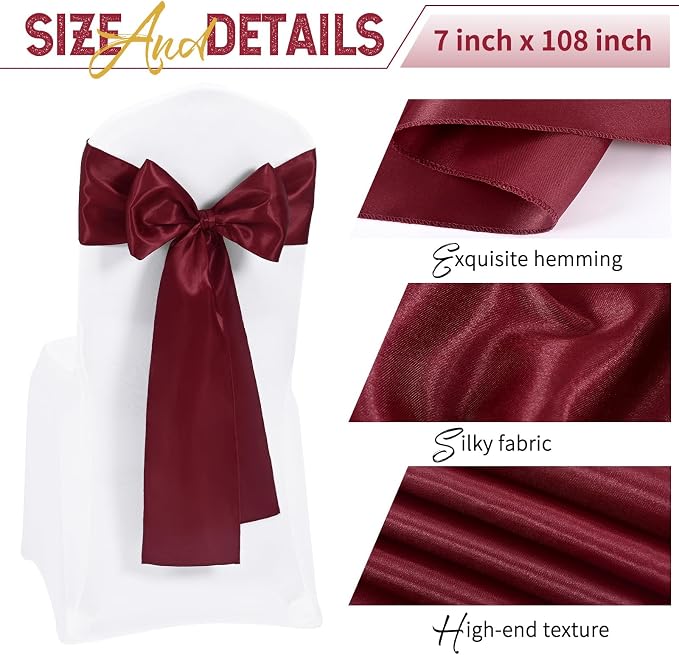 120 PCS Burgundy Satin Chair Sashes, 7 x 108 Inch | Ties Bows Designed Chairs Decorative, Chair Cover Sashes for Wedding Christmas Banquet Party Home Kitchen Decoration - Image 3