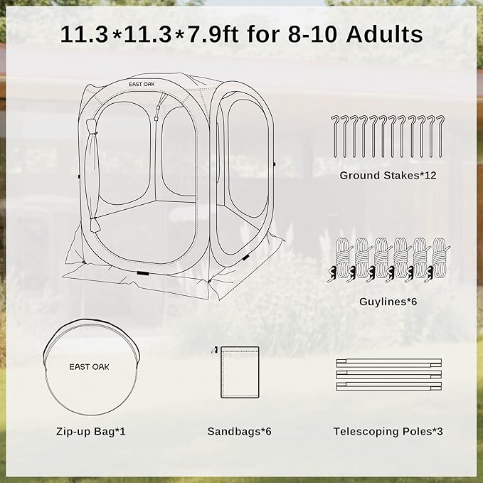 East Oak Screen House Tent Pop-Up, Portable Screen Room Canopy Instant Screen Tent 12 x 12 FT with Carry Bag for Patio, Backyard, Deck & Outdoor Activities, Beige