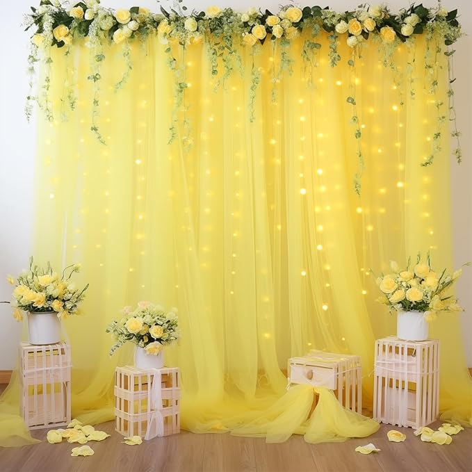 20ft x 10ft Yellow Backdrop Curtain with Lights String for Parties, Sheer Tulle Wedding Photo Backdrops Drapes for Baby Shower Birthday Party Decorations Background for Photography - Image 5