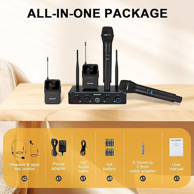 4-Channel Wireless Microphone System,UHF Cordless Mic Set w/ 4x10 Frequencies, 200ft, 2 Handheld Dynamic Mics, 2 Bodypacks & Headset/Lapel Microphones for Singing, Karaoke, DJ (MWM-41-2H2B)