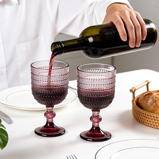 Purple Wine Glasses Set of 4, 12oz Vintage Goblet Glasses, Embossed Glass Cups Hobnail Glassware for Weddings, Dinners, and Holiday Gifting