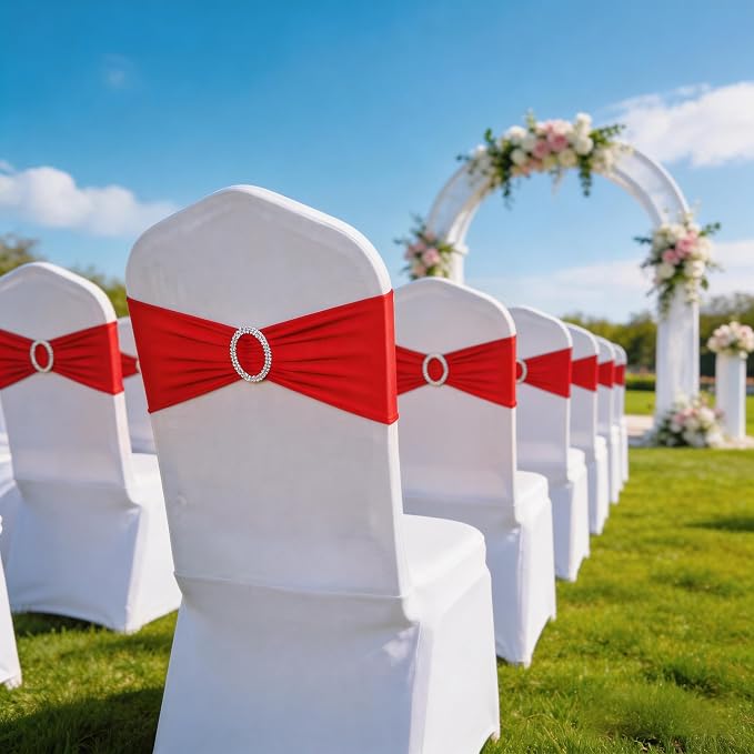 Pack of 50 Spandex Red Chair Sashes for Wedding Chair Bows Ties Stretch Chair Bands with Silver Buckles for Party Birthday Engagement Banquet Christmas Event Decorations (Red) - Image 5