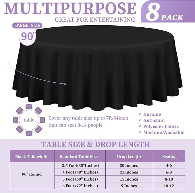 Showgeous 8 Pack Black Polyester 90 Inch Round Tablecloths | Soft polyester, wrinkle resistant, fade resistant, smooth finish, fine stitching, folded hems, reusable, machine washable - Image 2