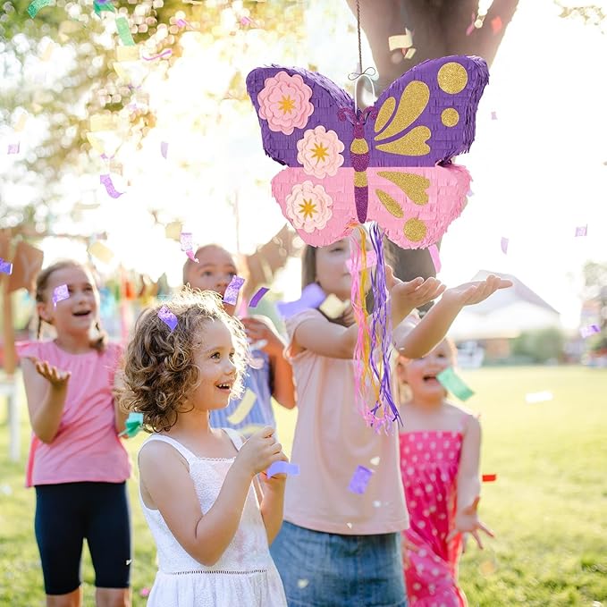 WERNNSAI Butterfly Piñata - Butterfly Birthday Party Supplies Pinata with Stick and Blindfold for Girls Kids Pull String Piñata Family Games Classroom Birthday Party Decorations 16.4” x 12.4”