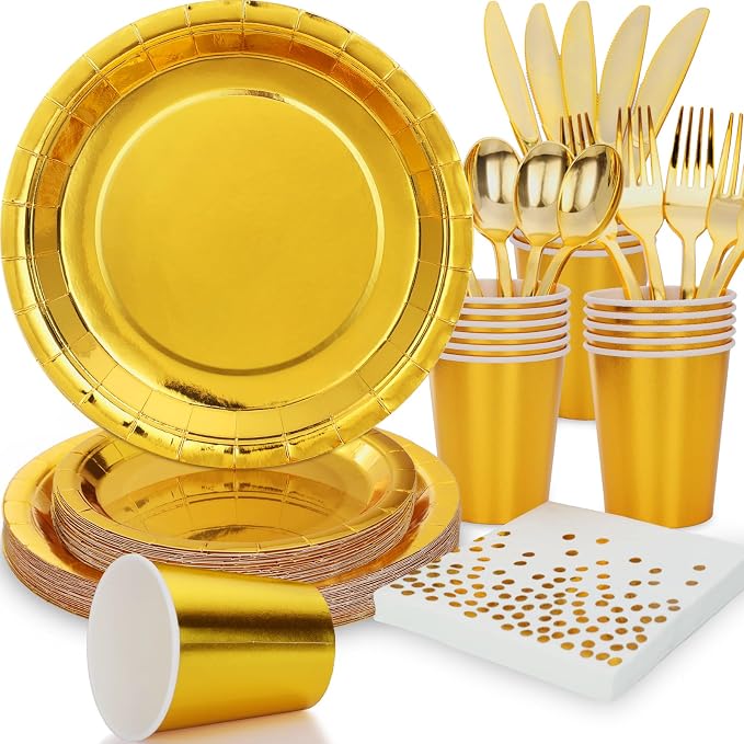 168pcs Gold Paper Plates Party Plates and Cups and Napkins Sets,Gold Plates Party Supplies Disposable Dinnerware Set Serves 24 for Anniversary Graduation Birthday Party Decorations by Gudvilla