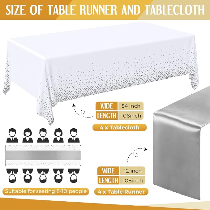 24 Packs Tablecloths Satin Runner White and Silver Graduation | 54x108 Inch Disposable Tablecloth and 12x108 Inch Satin Runners for Wedding Birthday Party Baby Shower Christmas New Year - Image 2