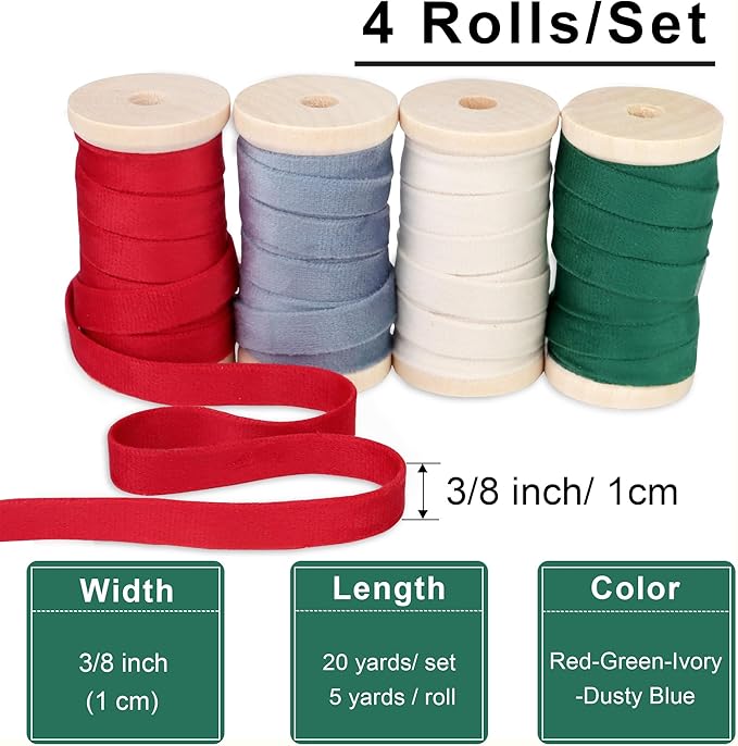 Velvet Ribbon Set - 3/8" x 20Yd, 4 Rolls in 4 Colors, Double Faced on Wooden Spool for Gift Wrapping, Christmas Decoration, Wreaths, Bow Making (Red-Green-Dusty Blue-Ivory) Febwind