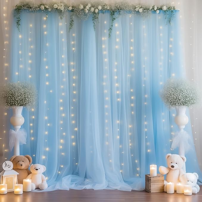 10ft x 8ft Blue Backdrop Curtain with Lights String for Parties, Sheer Tulle Wedding Photo Backdrops Drapes for Baby Shower Birthday Party Decorations Background for Photography - Image 7