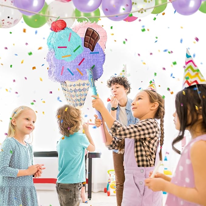 WERNNSAI Ice Cream Piñata - Summer Ice Cream Party Decorations for Kids Girls Birthday Pink Pinata Game Candyland Sweet Theme Party favors supplies with Bat Blindfold