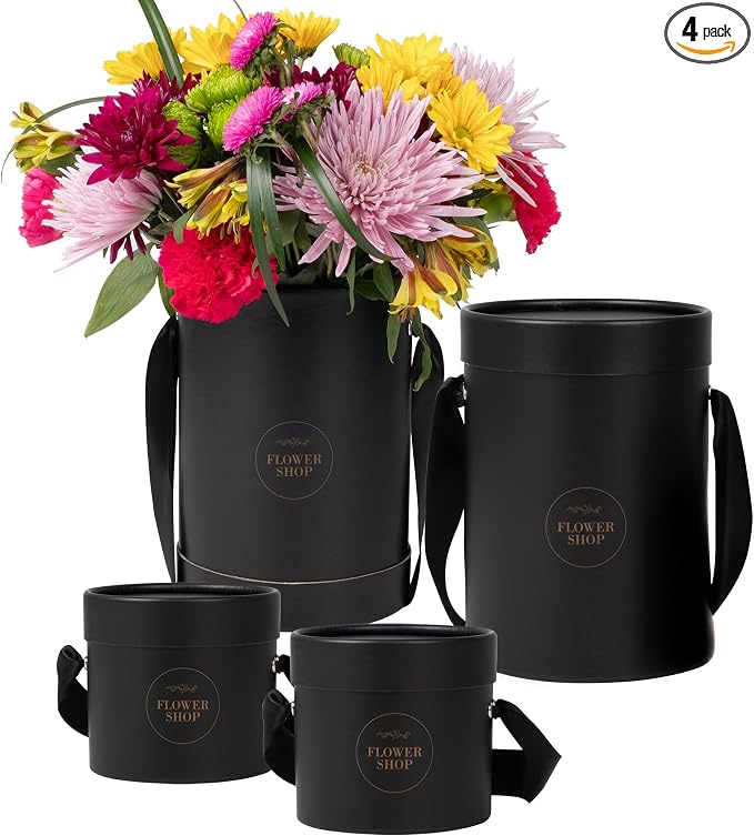 4 Flower Bouquet Hat Boxes | 2 Per Size Round Floral Arrangement Vase | Satin Ribbon Handle & Waterproof Liner | Gift Box for Flowers with Lids | Black by thefloristSupplyShopbyDecowraps