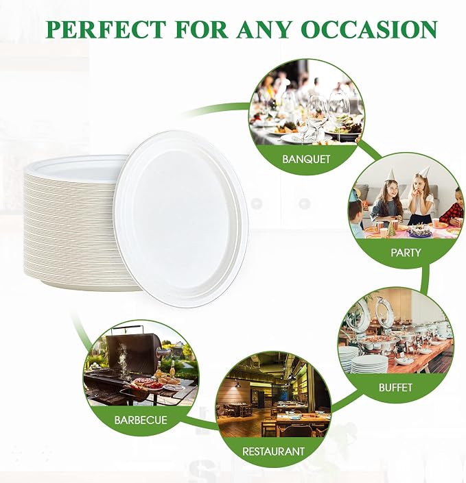 Vplus 100% Compostable Oval Paper Plates 10 inch 125 Pack, White | Super Strong, Disposable Paper Plates, Bagasse Natural Biodegradable, Sugarcane for BBQ, Party, Dinner, and Picnic - Image 6
