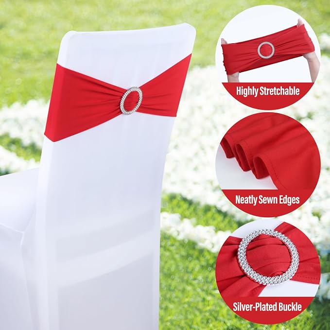 LEBENGURU Red Spandex Chair Sashes -50pcs Premium Stretch Bows with Buckle Slider, Universal Elastic Chair Bands for Wedding Party Banquet Decoration - Image 4