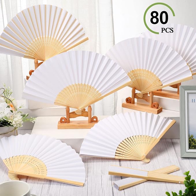 Qunclay 80 Pcs Paper Hand Fans Bulk 8.3 Inch White Bamboo Folding Fans | Blank DIY Painting Surface, Wedding Party Favors, Photography Props, Home Decor, Reusable Handheld at Events and Gifts - Image 5