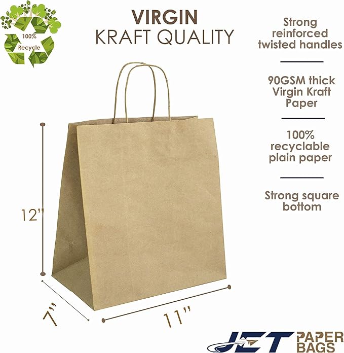 JET PAPER BAGS - 11x7x12 Inch [250 Pcs] Brown Paper Bags with Handles Prime for Takeout, Grocery, Goody, Retail, Party, Gifts, Weddings - Image 2