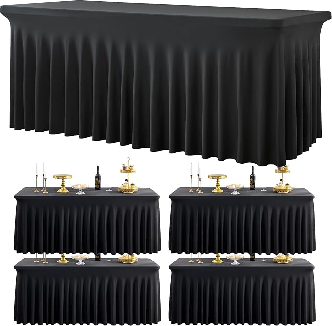 5 Pack Black Spandex Tablecloth for 6 Foot Rectangle Tables, Fitted Table Cloths 6ft Stretchy Table Cover Desk Skirt for Parties Weddings Birthday Banquet Graduation Metting Baby Shower by Htper