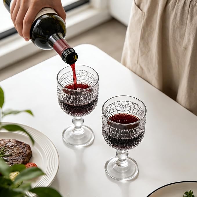 Clear Wine Glasses Set of 4, 12oz Vintage Goblet Glasses, Embossed Glass Cups Hobnail Glassware for Weddings, Dinners, and Holiday Gifting