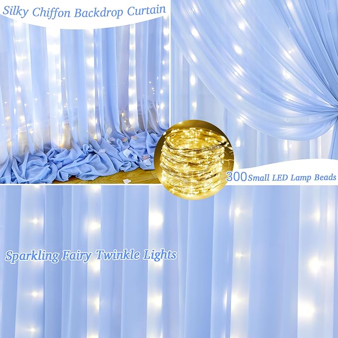 20ft x 10ft Baby Blue Chiffon Backdrop Curtain with Lights String for Parties,4 Panels Sheer Tulle Curtain Wedding Backdrop for Baby Shower Birthday Party Ceremony Reception Home Decorations - Image 2